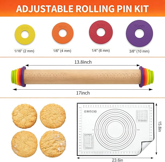 Rolling Pin With Thickness Rings, Adjustable Wooden Rolling Pin Set, 17 inch - Image 6