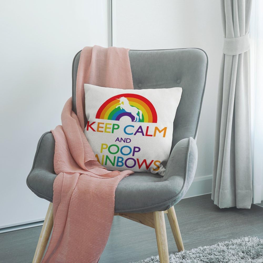 HGOD DESIGNS Throw Pillow Case Keep Calm and Poop Rainbows Unicorn Cotton Linen Square Cushion Cover Standard Pillowcase for Men Women Home Decorative Sofa Bedroom Livingroom 18 x 18 inch