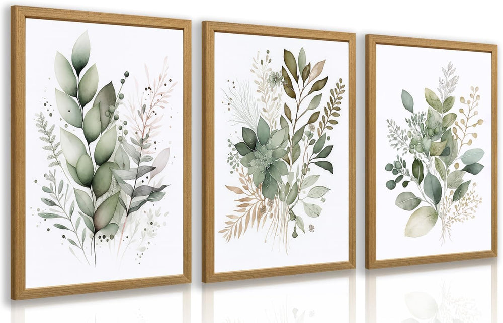 LLEEMPI Sage Green Botanical Wall Art Set of 3, 12x16 Wood Framed Prints