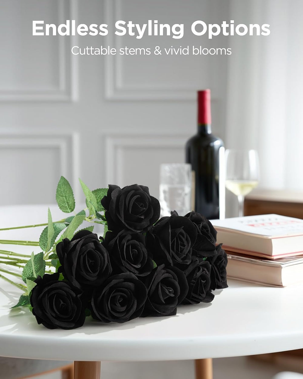 InnoGear Black Roses Artificial Flowers 50 Pcs Fake Velvet Silk Rose Floral