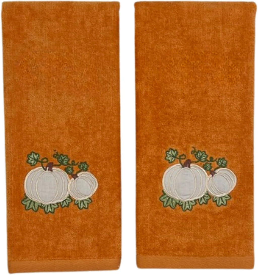 Fall Rust Bathroom Guest Hand Towels, Embroidered Pumpkin Leaf, 16x25 " | Set of 2, 100% Cotton Velour, Autumn Farmhouse Decor for Bath or Kitchen, Perfect for Parties & Gifts