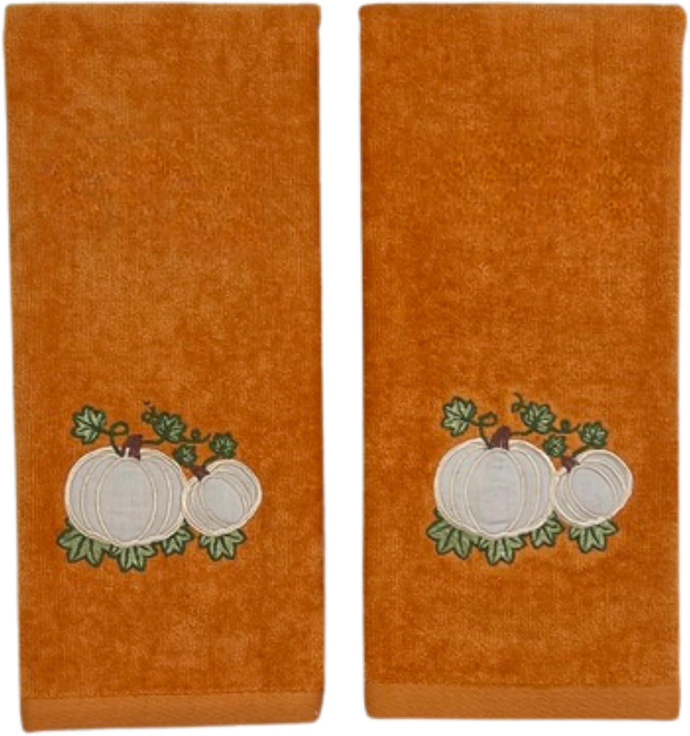 Fall Rust Bathroom Guest Hand Towels, Embroidered Pumpkin Leaf, 16x25 " | Set of 2, 100% Cotton Velour, Autumn Farmhouse Decor for Bath or Kitchen, Perfect for Parties & Gifts