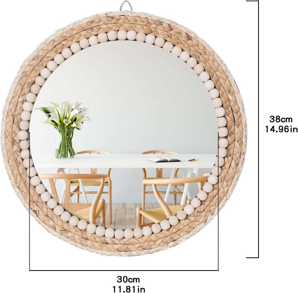 15 Inch Boho Round Hanging Wall Mirror Decorative Rattan Circle Mirrors for F...