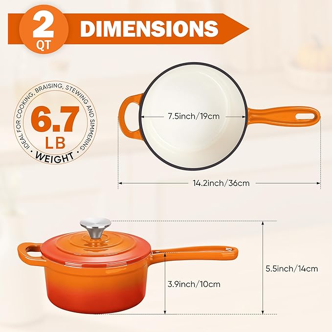 Homikit Small Cast Iron Pot, 2 QT Enameled Cast Iron Sauce Pan