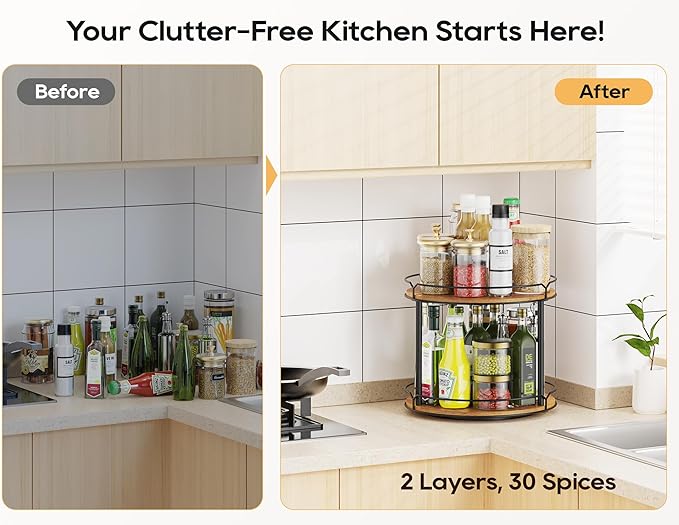 12.4" Lazy Susan Organizer 2 Tier, Rotating Spice Rack, Wooden Spinning ...