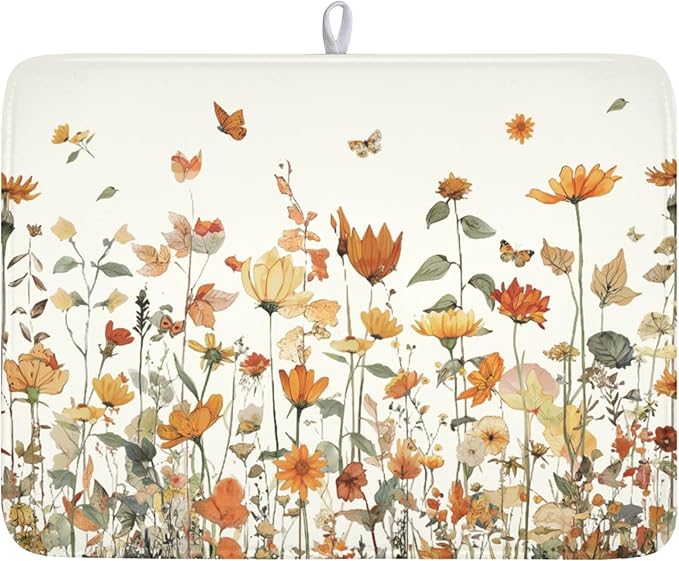 Fall Floral Dish Drying Mat for Kitchen Counter Orange Rustic Vintage by Unknown