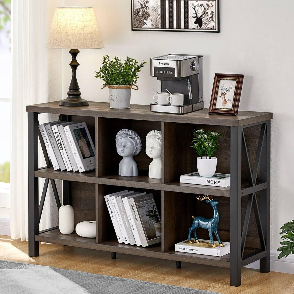 FATORRI Rustic 6 Cube Storage Organizer with Shelf, Wood and Metal Cubby Book...