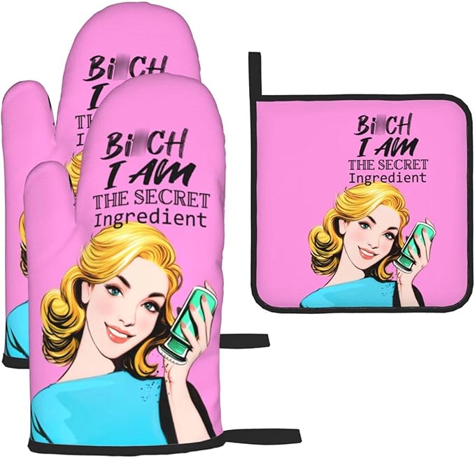 Funny Oven Mitts and Pot Holders Sets, Cute Pink Heat Resistant Oven Gloves and by Unknown