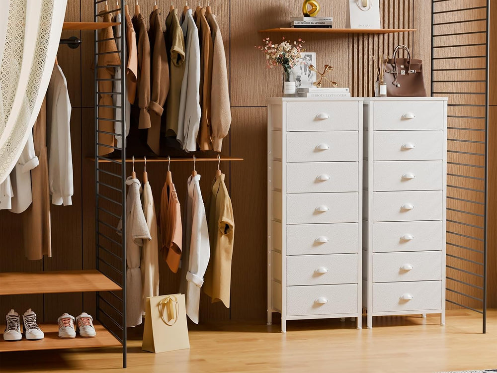 White Tall Dresser for Bedroom, Chest of Drawer with Fabric Drawer
