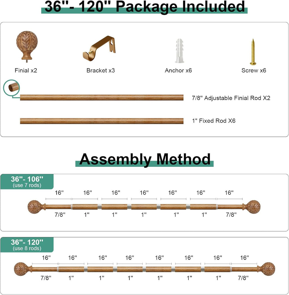 QDWIS Wood Curtain Rods for Windows 66 to 120 Inch, 1'' Adjustable De...