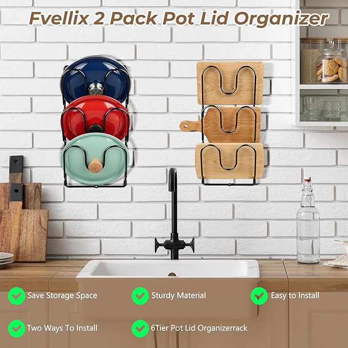 2 Pack Pot Lid Organizer Rack for Cabinet Door/Wall, 6-Tier Pot Lid Holders - Image 9