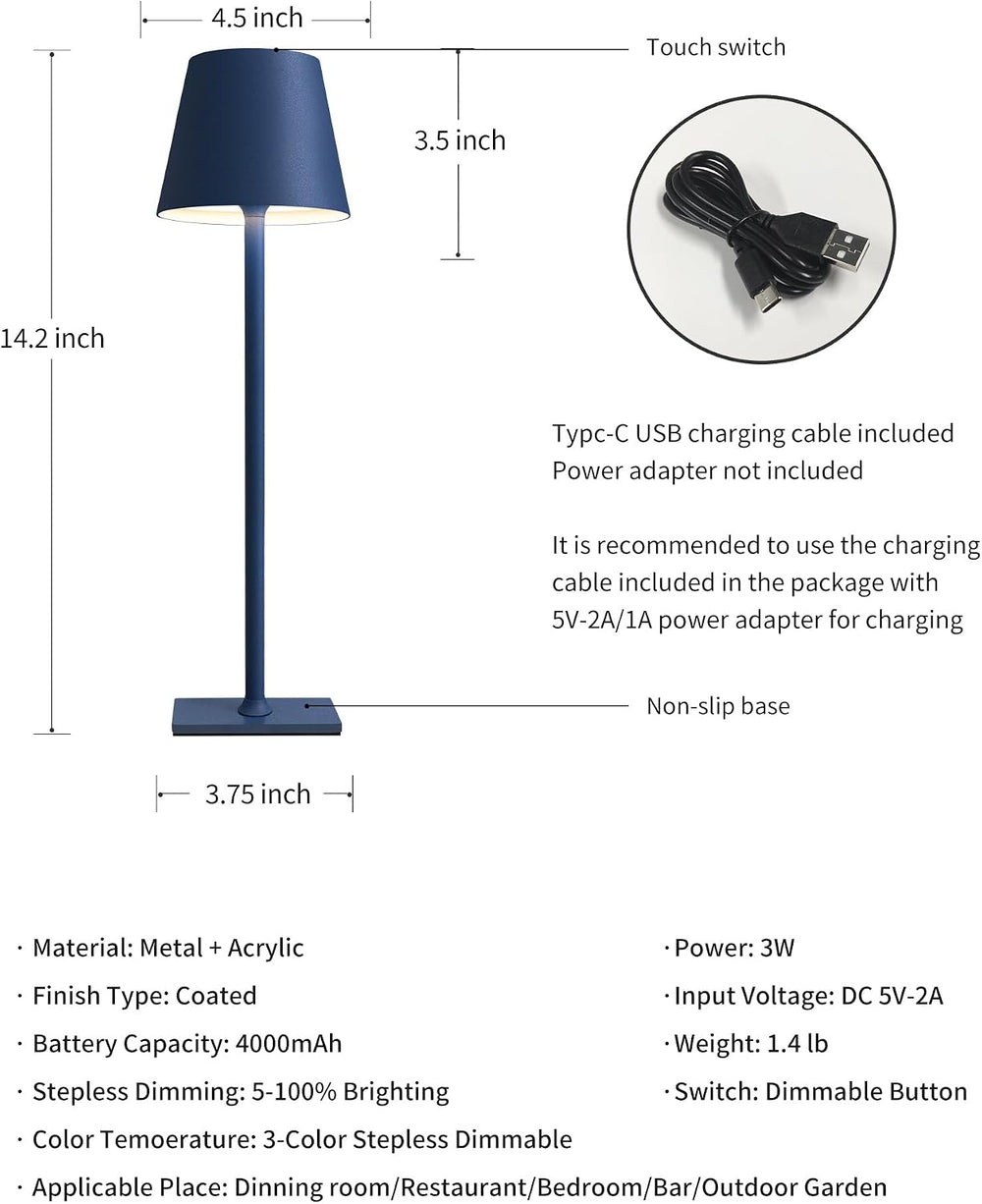 KDG 2 Pack Cordless Blue Table Lamps, Rechargeable Portable LED Desk Lamps