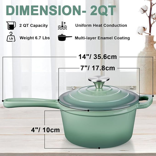 2 Quart Saucepan with Lid, Leonyo Enameled Cast Iron Sauce Pan, Enamel Dutch - Image 2