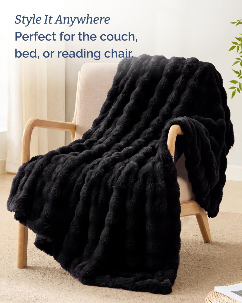Faux Fur Throw Blanket - Throw Size Bubble Blanket - 50" x 60", Black