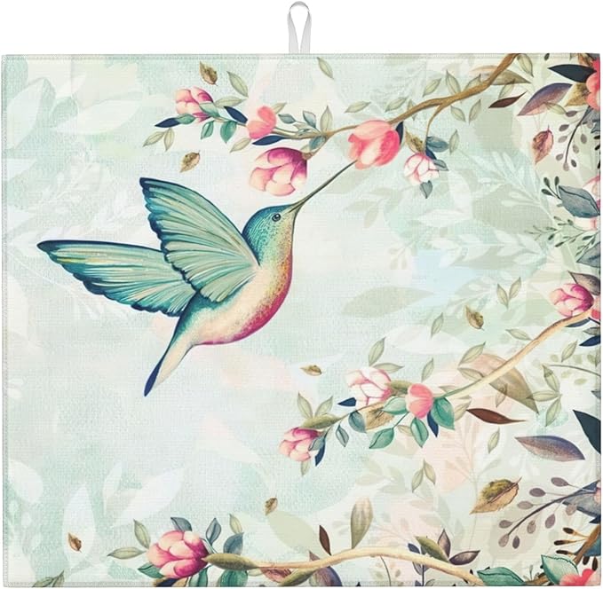 Hummingbird Flowers Dish Drying Mat 16x18 Inch, Microfiber Absorbent Fast Dry by Unknown