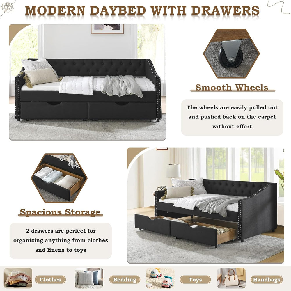 Daybed with Drawers, Modern Linen Upholstered Twin Size Day Bed Button-Tufted...
