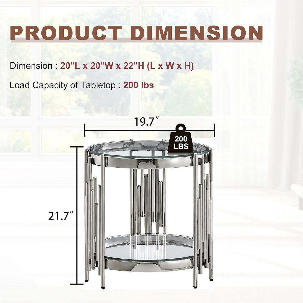 2 Tier Glass End Table with Storage, Round-Shaped Stainless Steel Side Table with Tempered Glass Top, Modern Accent Table for Living Room, Bedroom, Easy Assembly, Silver/Clear