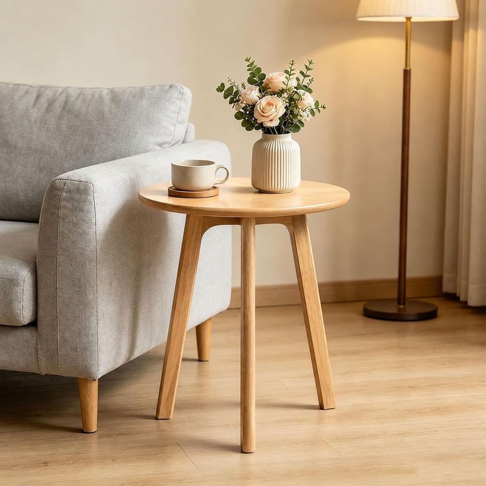 Natural Oak Round Side Table, End Table with 3 Legs
