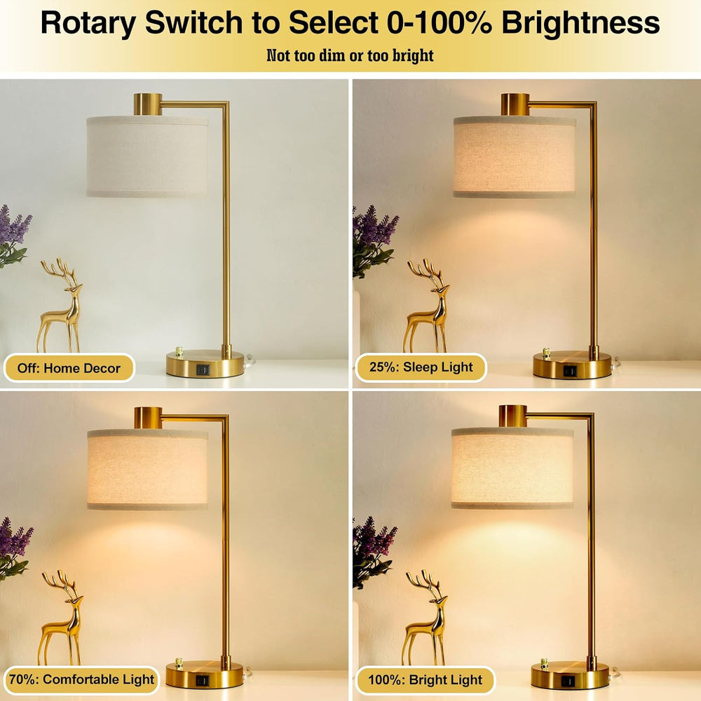 Gold Table Lamp Set of 2, Dimmable Bedside Lamps for Night Stands, USB A+C