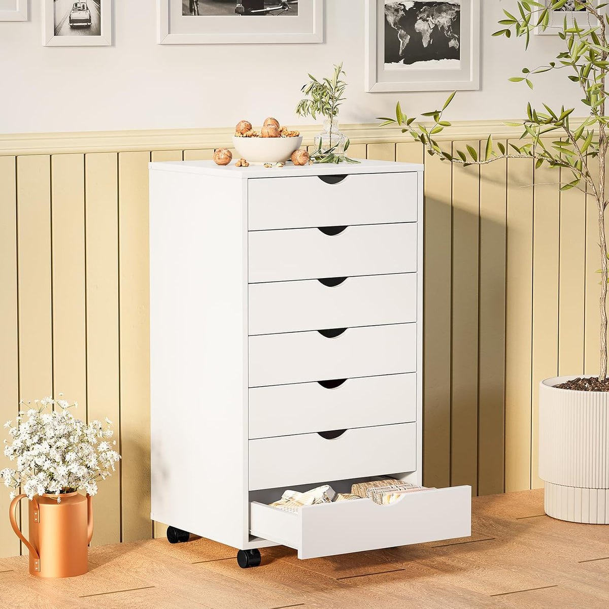 sweetcrispy 7 drawer rolling storage cabinet with wheels shown in use