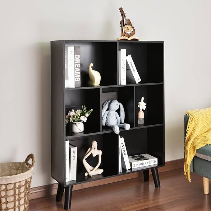 YAHARBO Black Bookshelf,3 Tier Modern Bookcase with Legs,Bookshelves Wood Sto...