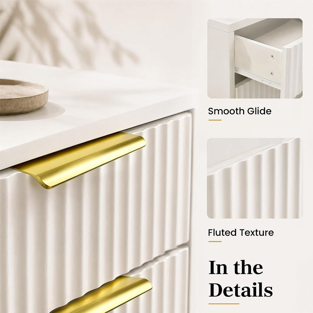 White and Gold 3-Piece Fluted Dresser and Nightstand Set for Bedroom