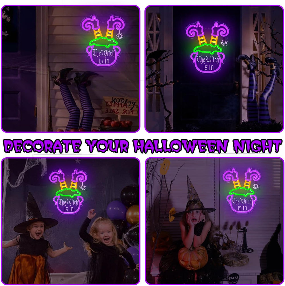 Halloween Neon Sign Dimmable Witch Legs In Cauldron LED Sign The Witch Is In ...
