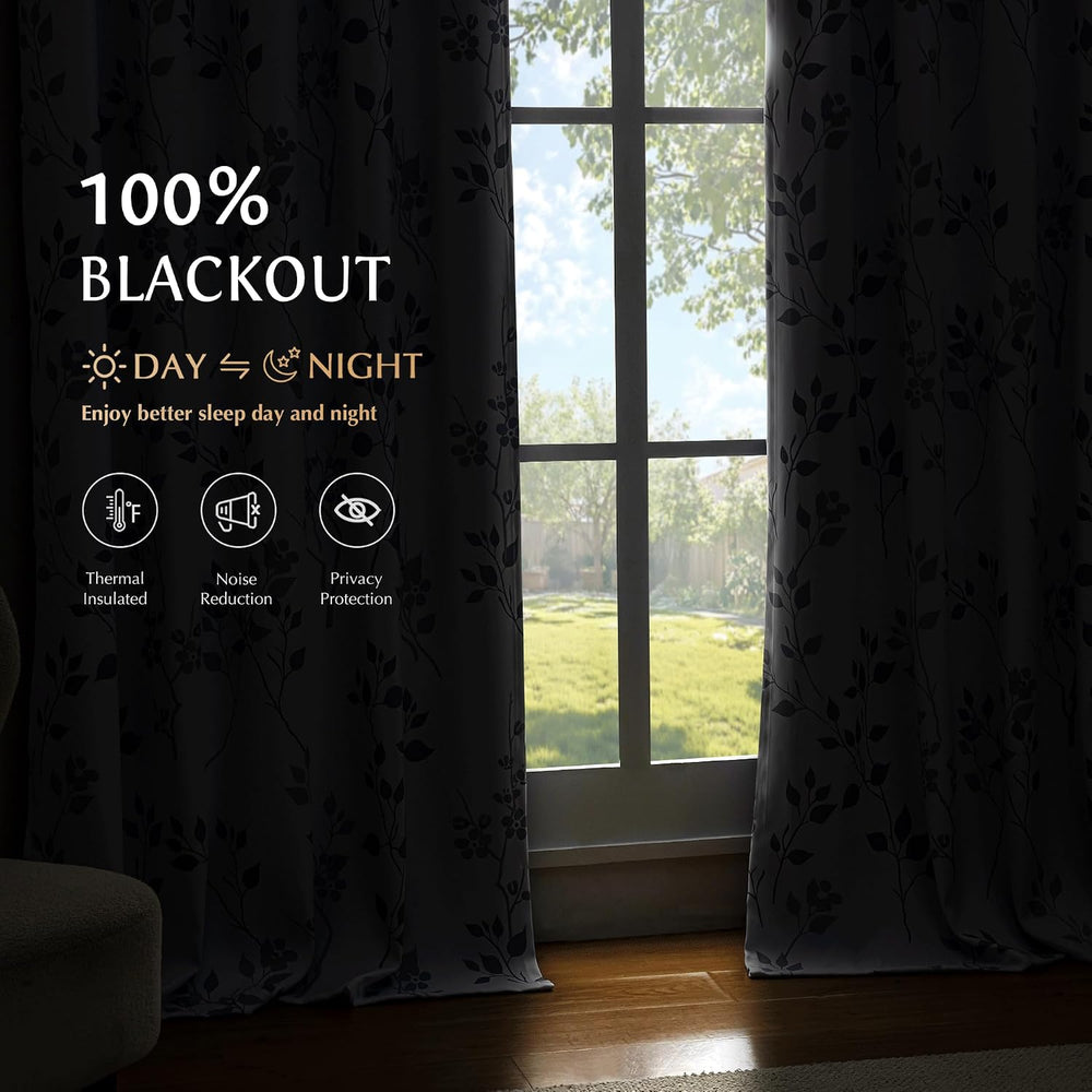 Beauoop Floral 100% Blackout Curtains for Bedroom Grey White 52X84 2 Panels