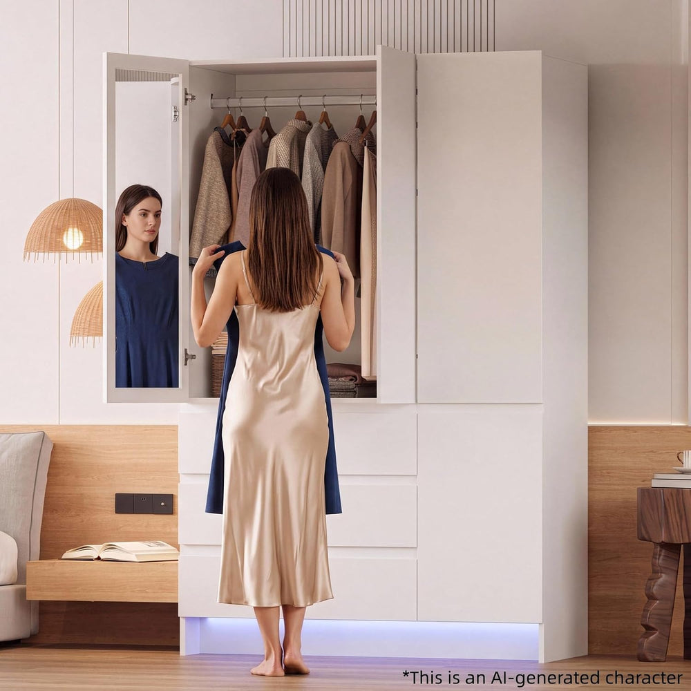 VOWNER Armoire Wardrobe Closet with 4 Doors, Bedroom Armoire with Mirrors