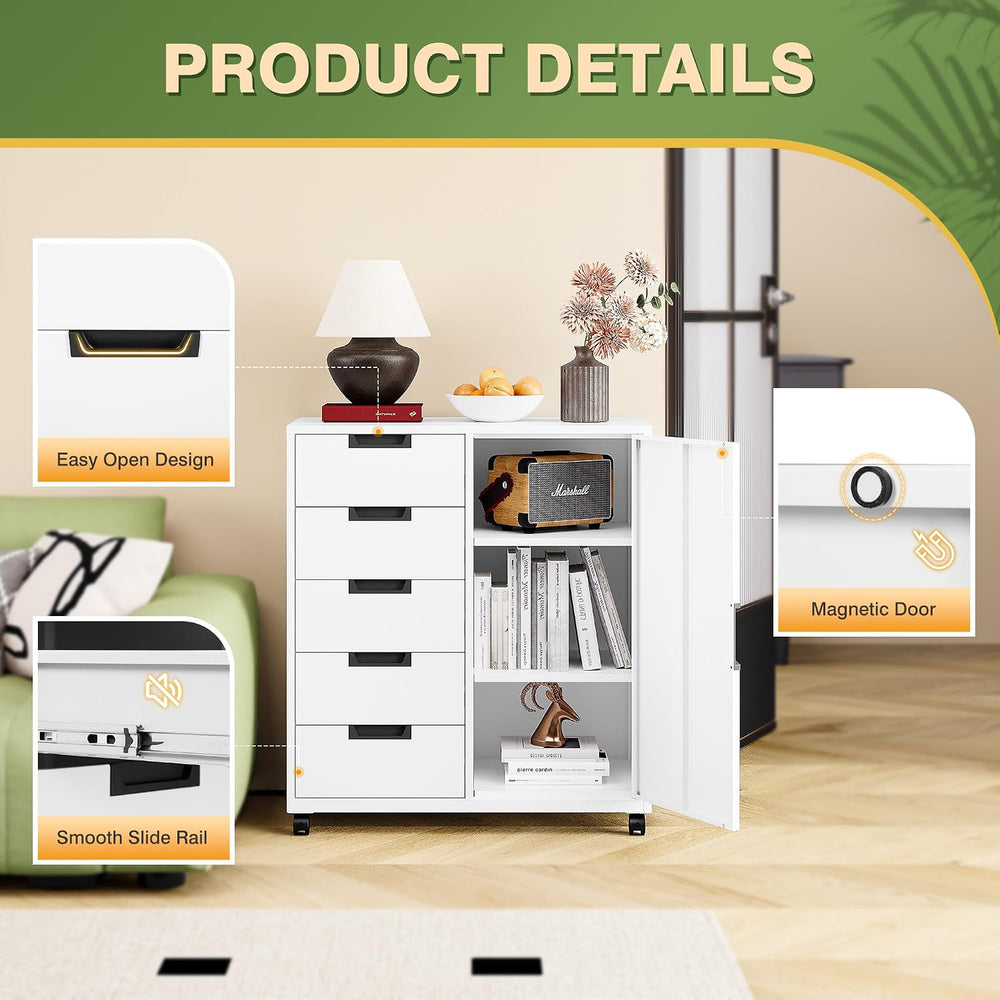 5-Drawer Metal Storage Cabinet with Adjustable Shelves and Wheels, Printer St...
