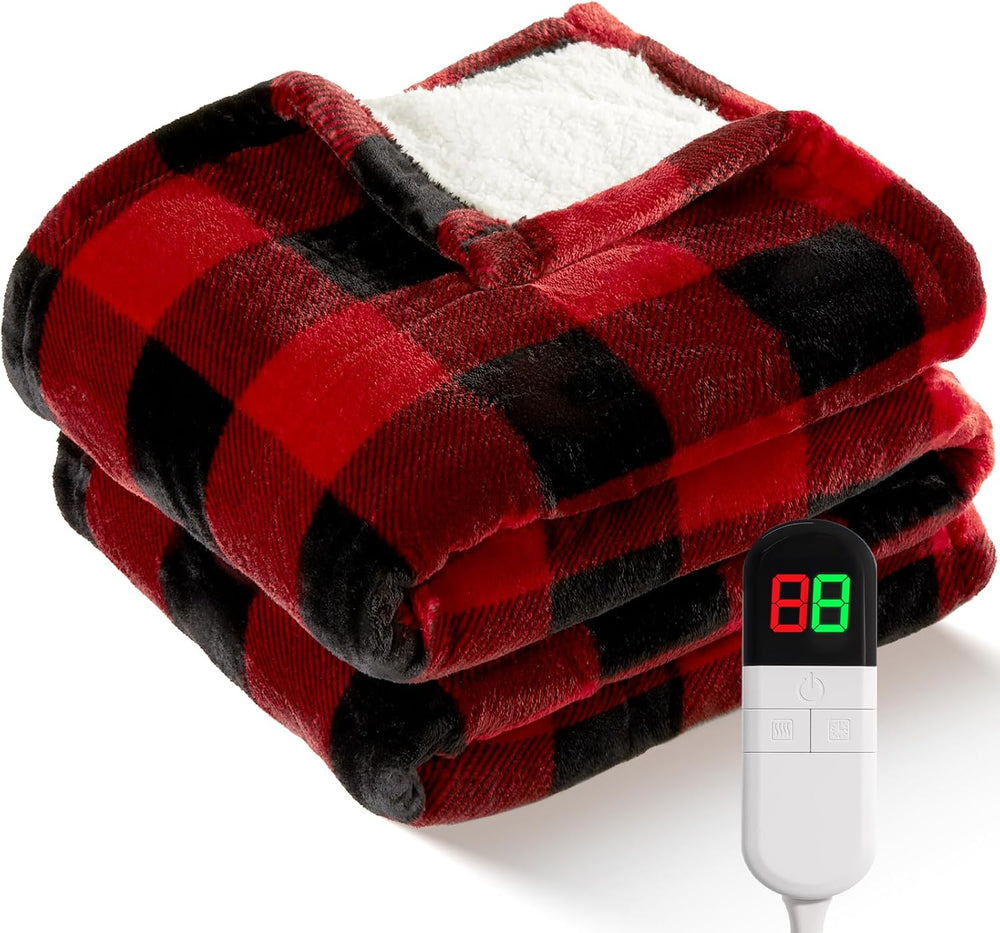 Electric Heated Sherpa Buffalo Plaid Christmas Throw 8 Heating Levels