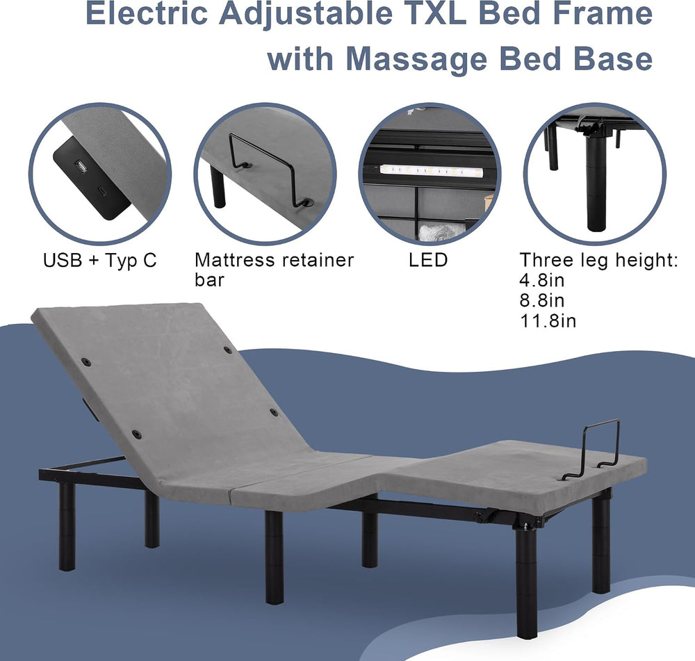 Fromann Adjustable Electric Twin XL Bed Base Frame with Massage, USB Type-C P...