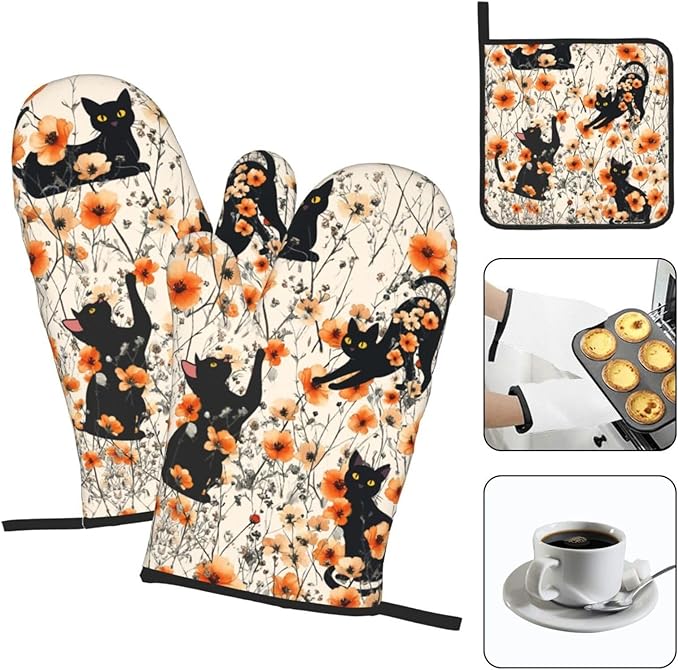 Orange Floral Pot Holders and Oven Mitts Set of 3, Cute Black Cat Kitchen - Image 3