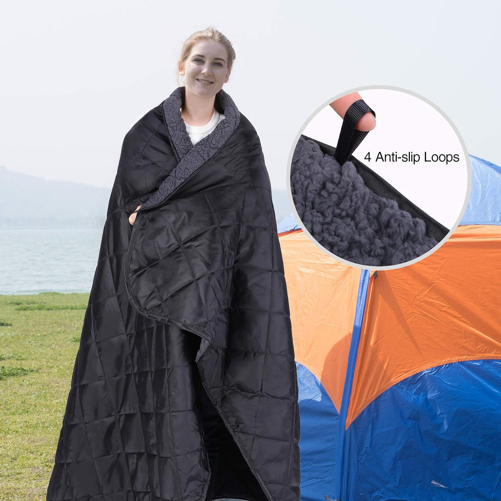 REDCAMP Large Camping Blanket with Sherpa Lining, Black 79"x59"