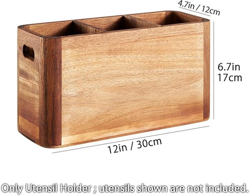 12" Wooden Kitchen Utensil Holder, Extra Large Acacia Wood Organizer - Image 2