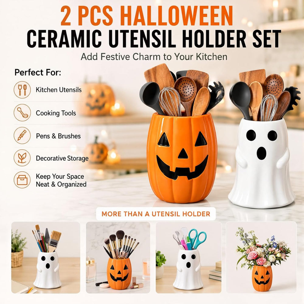 2 Pcs Halloween Ghost Pumpkin Utensil Holder Halloween Kitchen Decoration