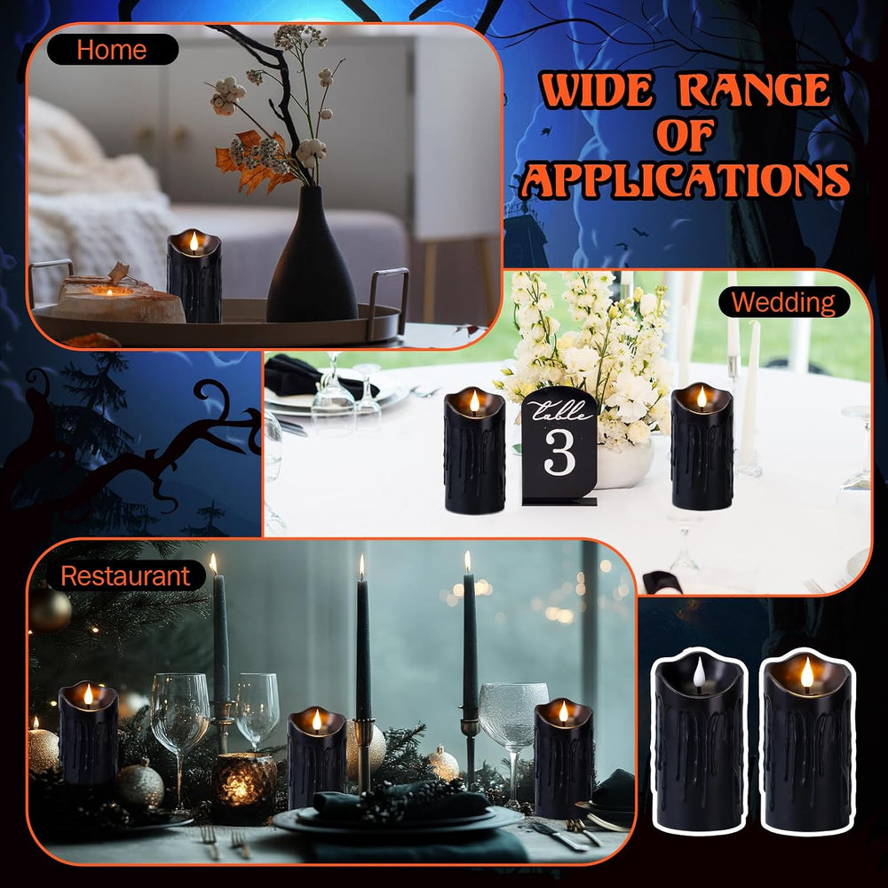 4 Pack Halloween Black Flameless Pillar Candles with Remote, 3 x 6 Inch