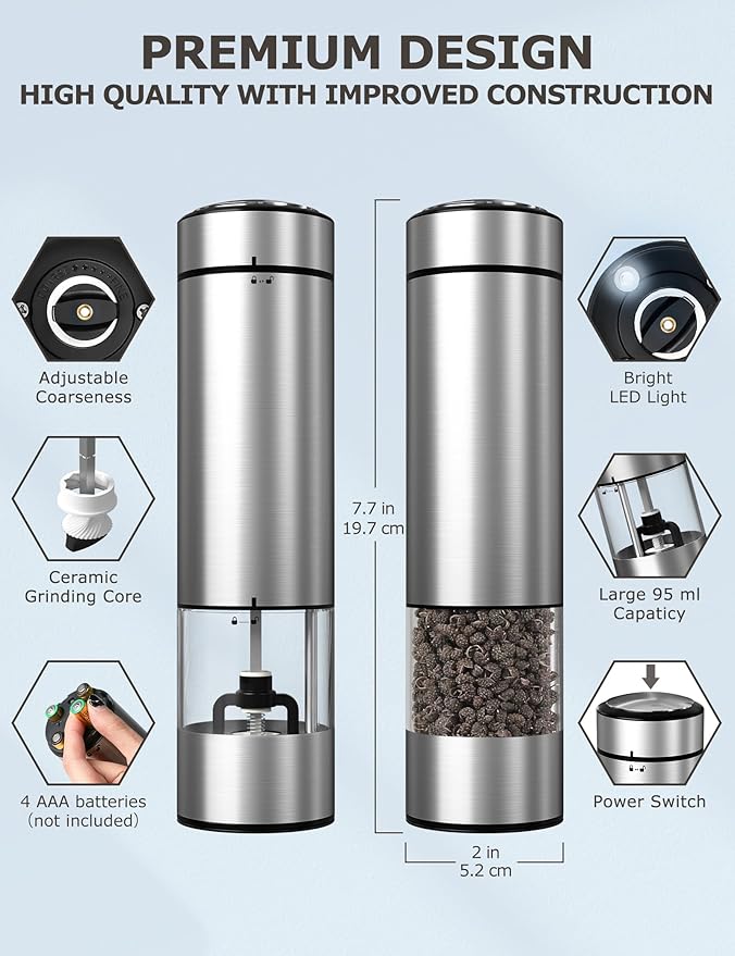 innhom Electric Salt Grinder Pepper Grinder Battery Operated Stainless Steel - Image 2