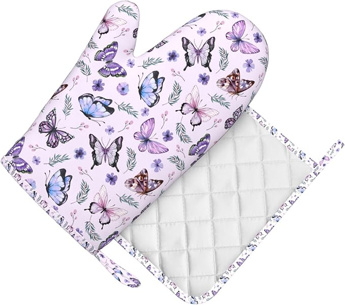 Butterflies Oven Mitts and Pot Holders Set, Cute Kitchen Accessories Heat - Image 3