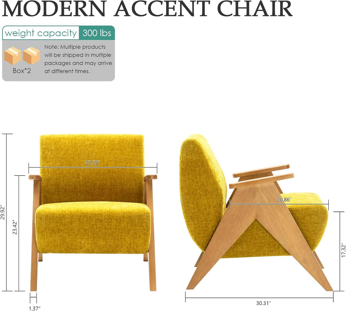 2 Pcs Home Accent Chair Mid Century Modern Accent Chair with Wood Frame, Lounge Upholstered Armchair, Reading Chair, Sturdy Base,For Living Room, Bedroom,Office,Comfy Guest Waiting Room Chairs,Yellow