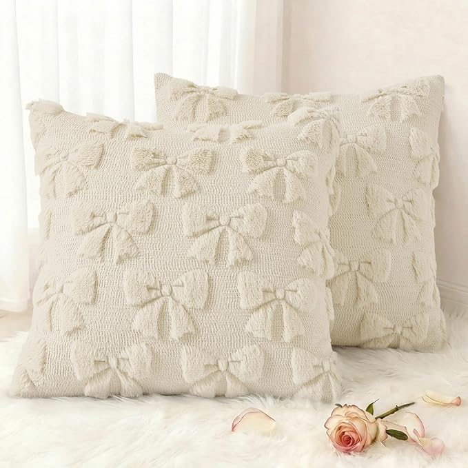 decorUhome Beige Bow Pillow Covers Set of 2 Coquette Aesthetic Cute Preppy by decorUhome