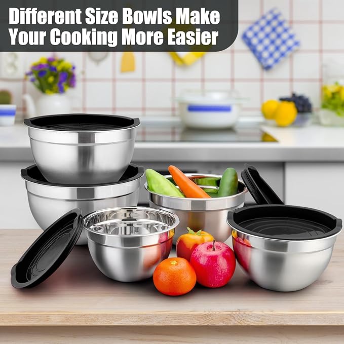 P&P CHEF Mixing Bowls with Airtight Lids Set of 5, 10-Piece Stainless Steel - Image 2