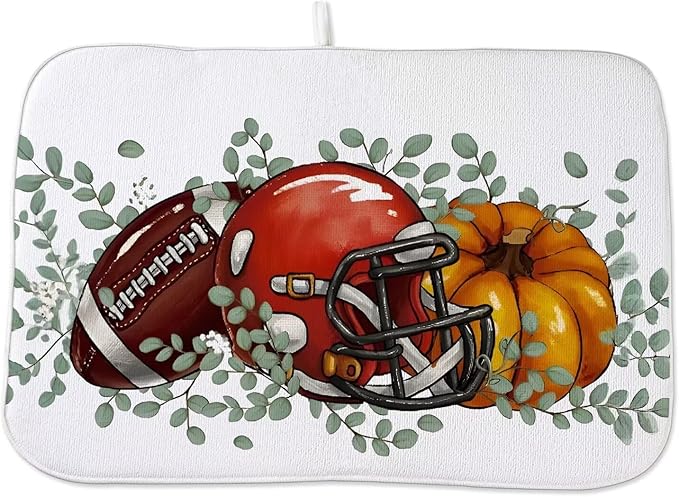 Fall Football Dish Drying Mat 18 x 24 inch Orange Pumpkins Eucalyptus Leaves by AEIOAE