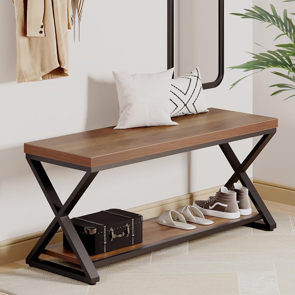IBF Rustic Entryway Bench with Storage, Rustic Oak Wood and Metal Bench
