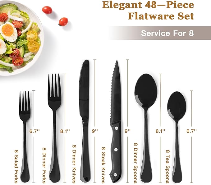 Astercook Silverware Set 48-Piece Black Flatware Set