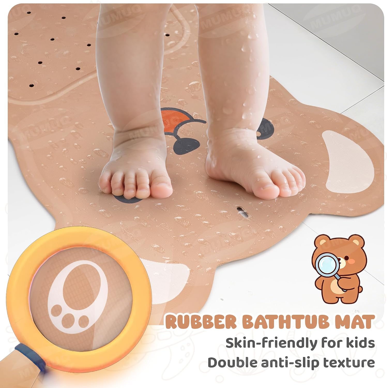 Kids Bathtub Mat Non Slip 30"x18" Soft Rubber Shower Mat for Kids | Baby Bath Mat for Tub, Bear Cartoon Design, 120+ Suction Cups, 40+ Drain Holes, Machine Washable Non-slip Tub Mat