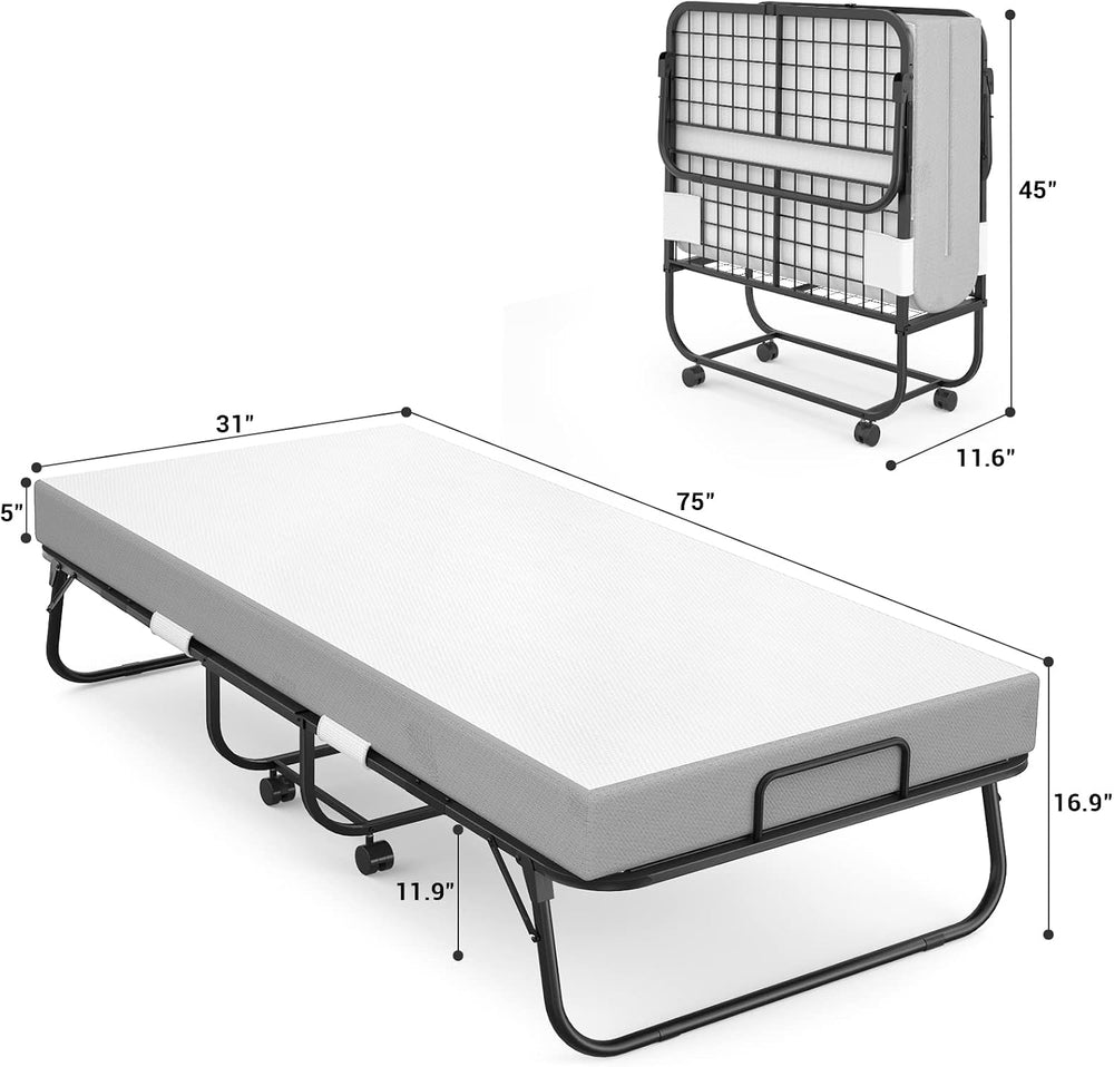 Homieasy Folding Bed with Mattress, 75” x 31” Cot Size Rollaway Bed