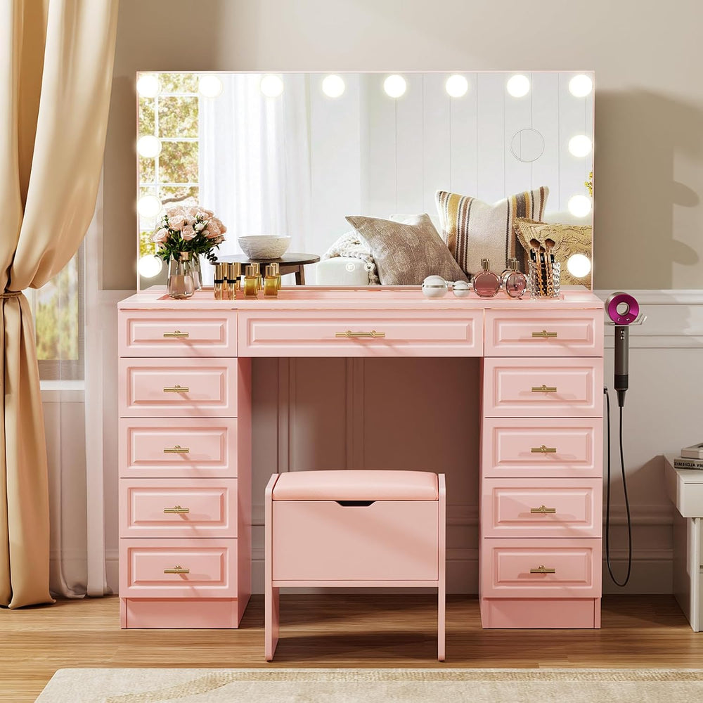 VOWNER Vanity with Lighted Mirror, Makeup Vanity Desk w/Bluetooth Speaker
