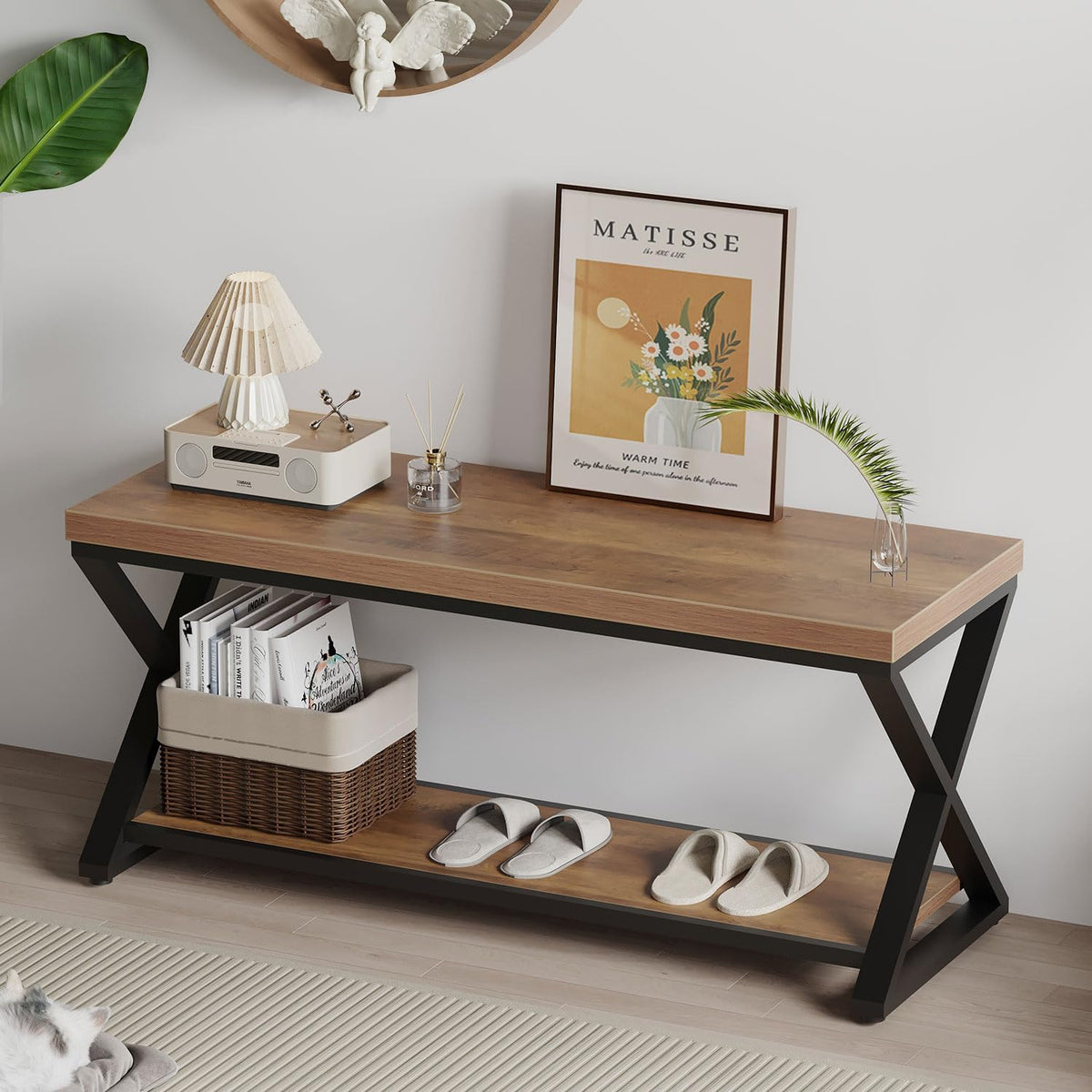 IBF Rustic Entryway Bench with Storage, Rustic Oak Wood and Metal Bench