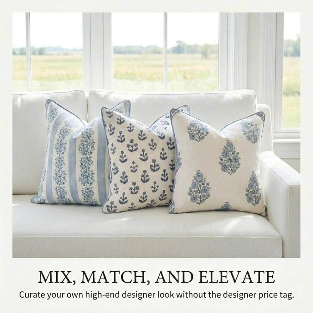 Jillien Harbor “The Juliet” Floral Block Print Pillow Cover – Soft Blue and O...